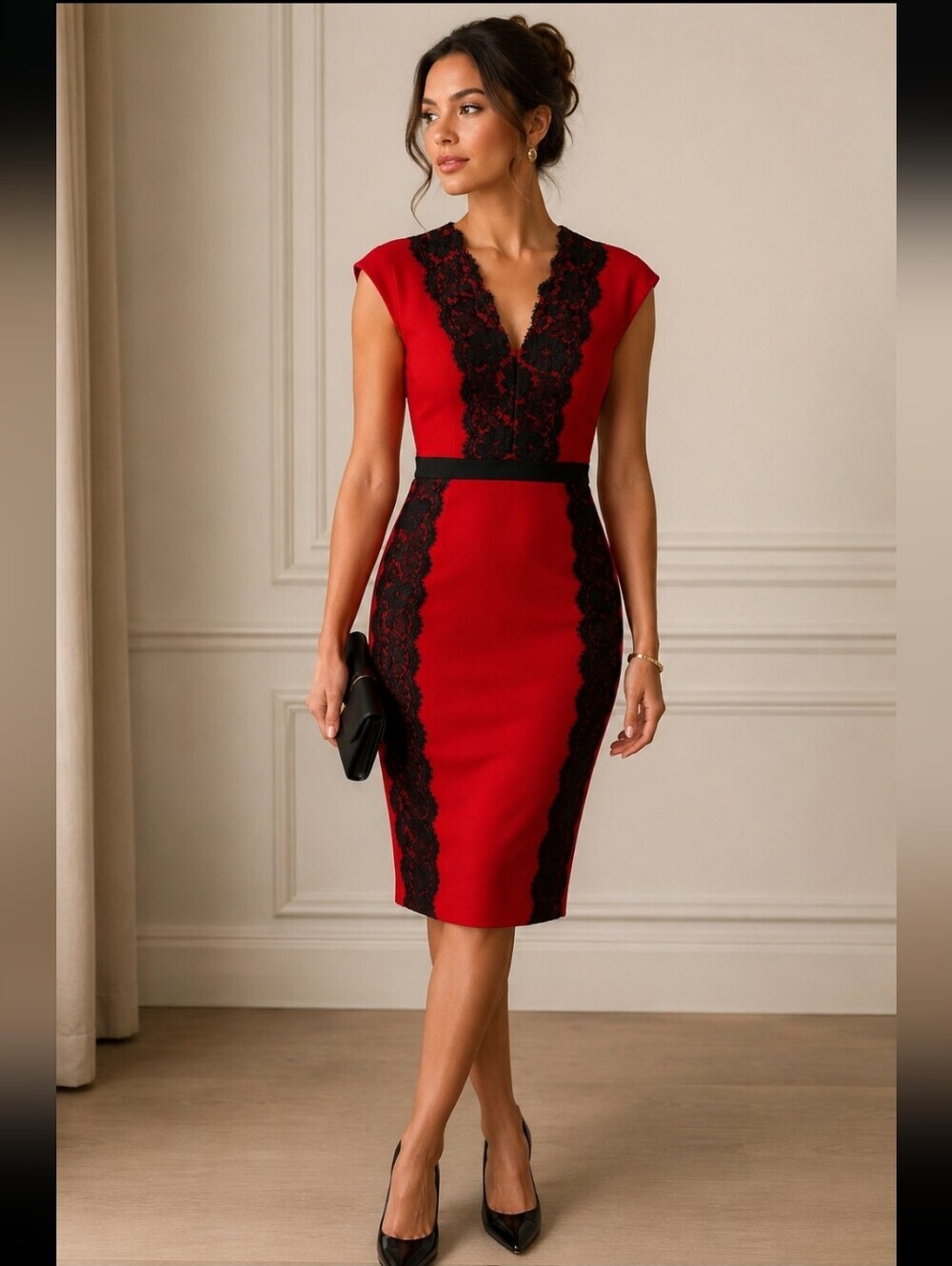 Danny and Nicole red and black lace midi dress size 6 EUC